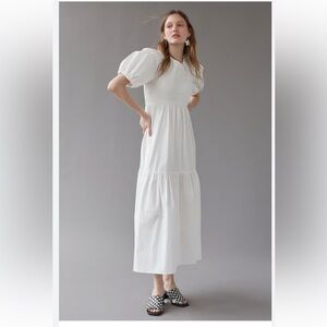 En Saison Puff Sleeves Midi Dress White Size Medium Modest Minimalist Vacation